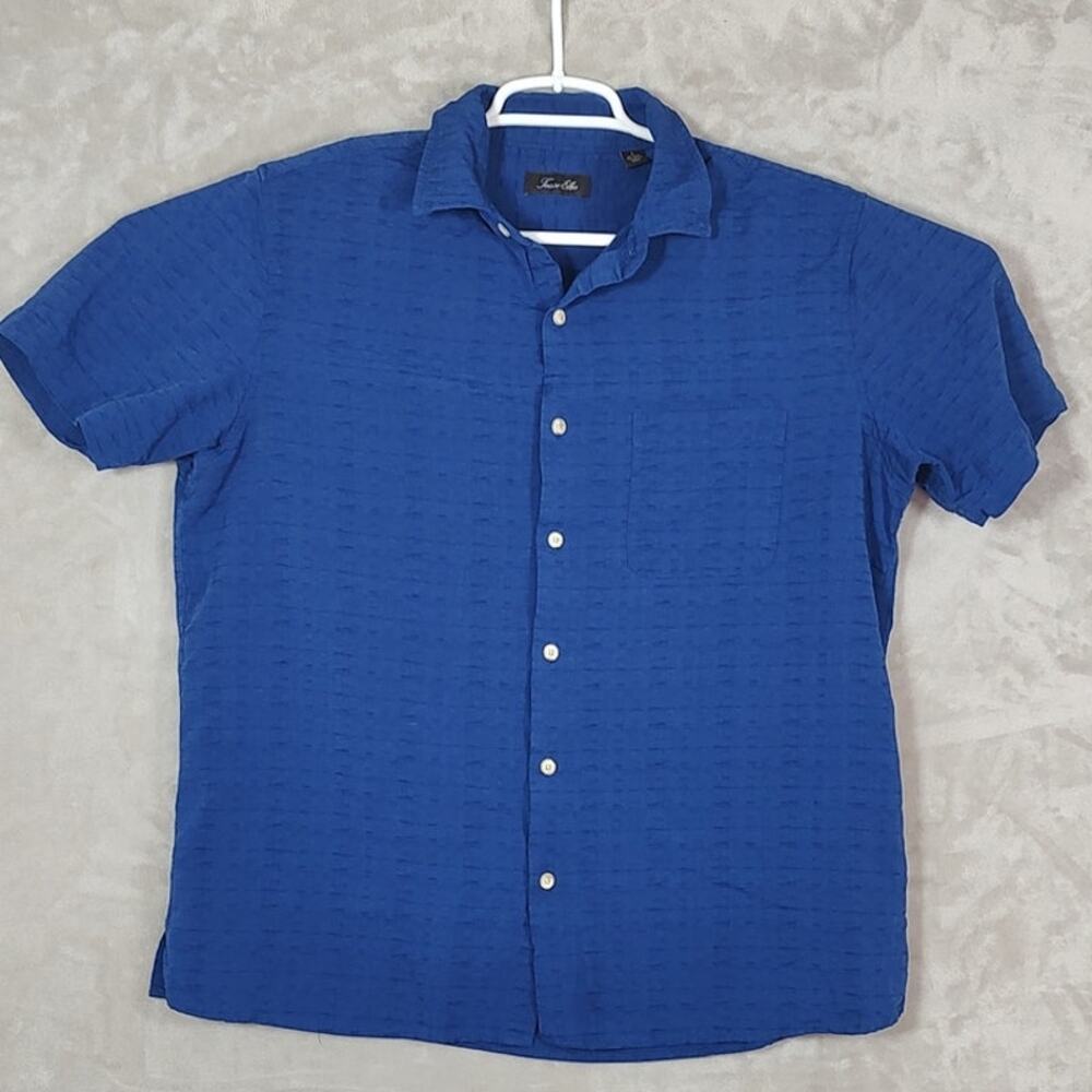 Tasso Elba Men's Large Silk Rayon Royal Blue Textured Short Sleeves Camp Shirt